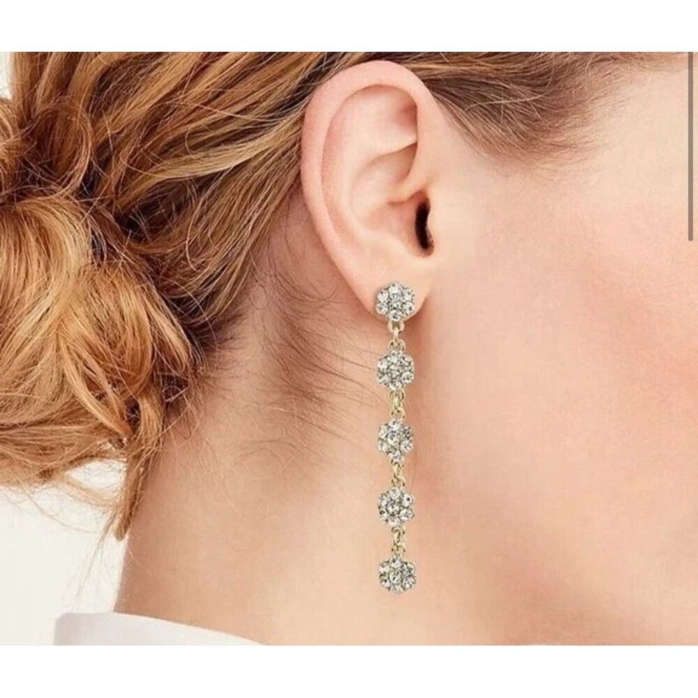 J. Crew Crystal Flower Linear Statement Earrings Gold Tone NWT